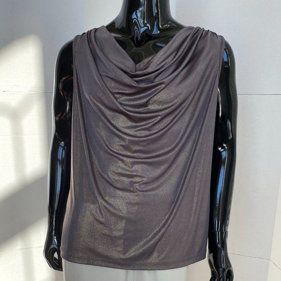 Calvin Klein Bronze Pewter Taupe Shiny Cowl Neck Sleeveless Shell Top Sz 2X - Picture 1 of 8